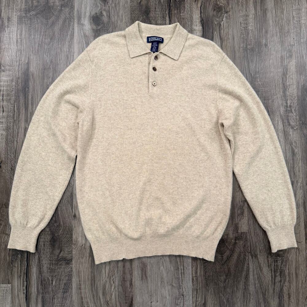 Lands’ End 100% Cashmere Polo Sweater Mens M Oatmeal Lightweight